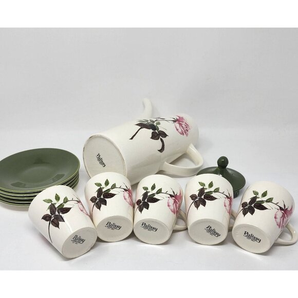 Mid Century Porcelain Coffee Pot & Cups Saucers Green Ivory Roses Palissy UK - Picture 7 of 12